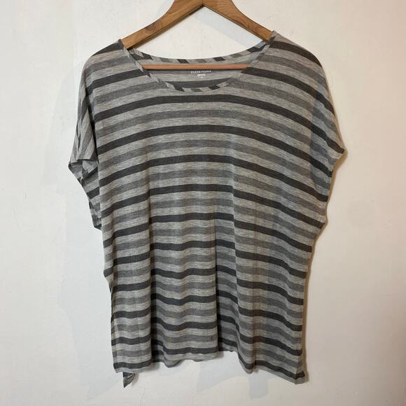 Eileen Fisher SZ M Gray Striped Micromodal Boxy Cap Sleeve Minimalist Top Casual - Picture 1 of 7
